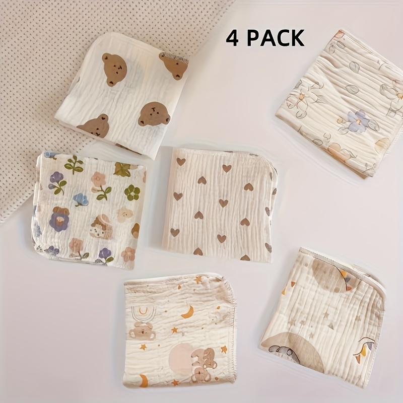 Image of 4-piece Absorbent Cotton Towels - Adorable Rabbit, Bunny, And Floral Designs, 10x10 Inches, Modern Striped Pattern, Hand Wash Only, Perfect For Decor And Bathing, Hand Towel/hand Towel