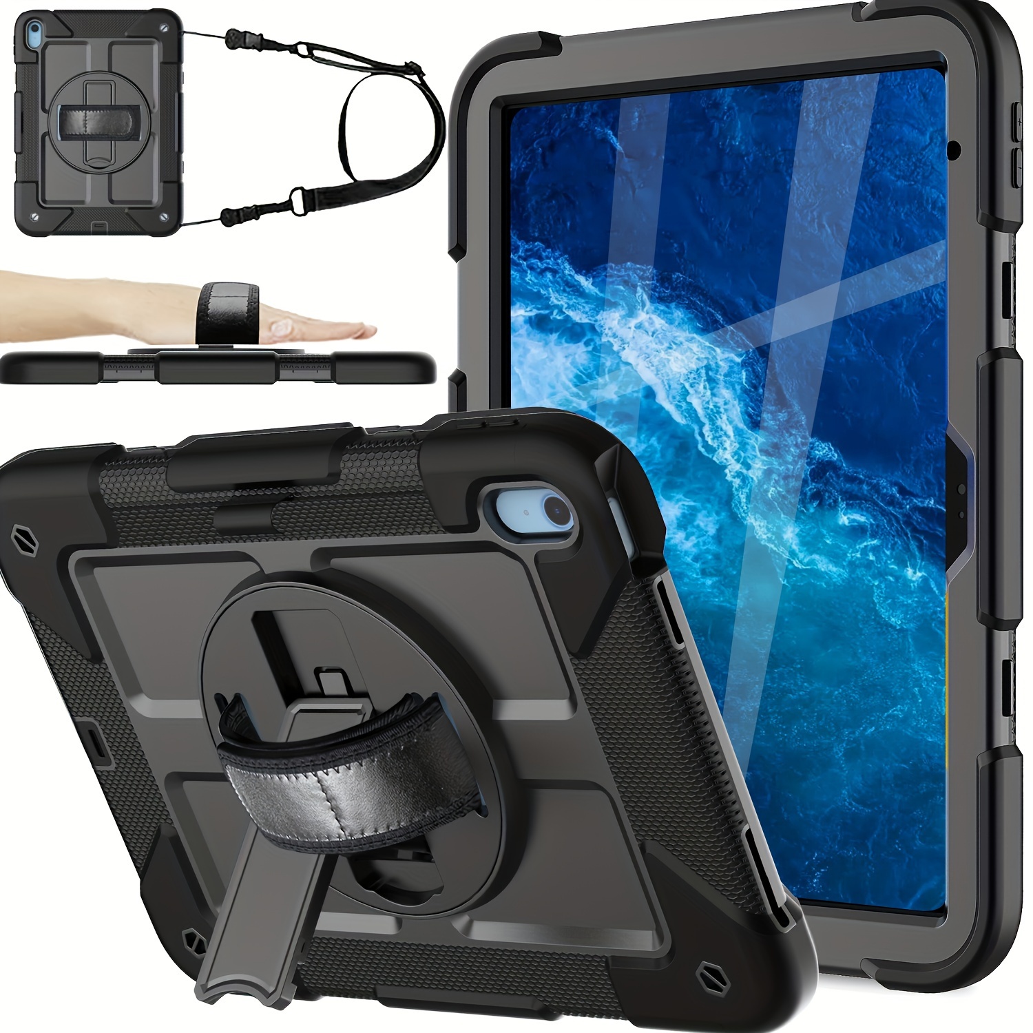 

For Ipad 10th Generation Case 10.9 Inch 2022 - With Screen Protector, 360 Rotating Stand & Pencil Holder Hand & Shoulder Strap Shockproof Ipad 10th Generation Case (ipad 10th Gen), Black