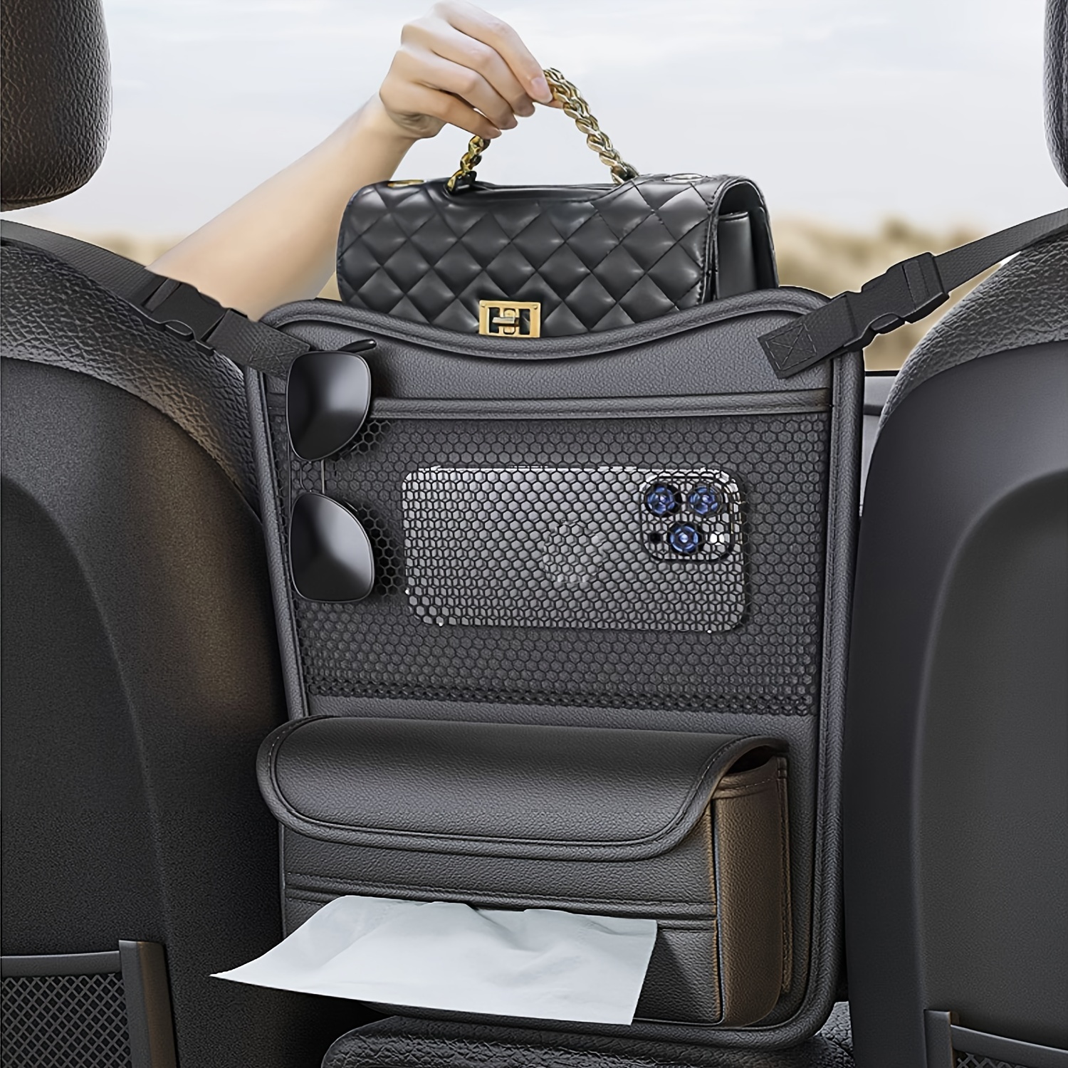 

1pc Car Storage Bag, Pu Leather Car Seat Back Middle Organizer Storage Bag, Car Net Pocket Handbag Holder Seat Middle Box