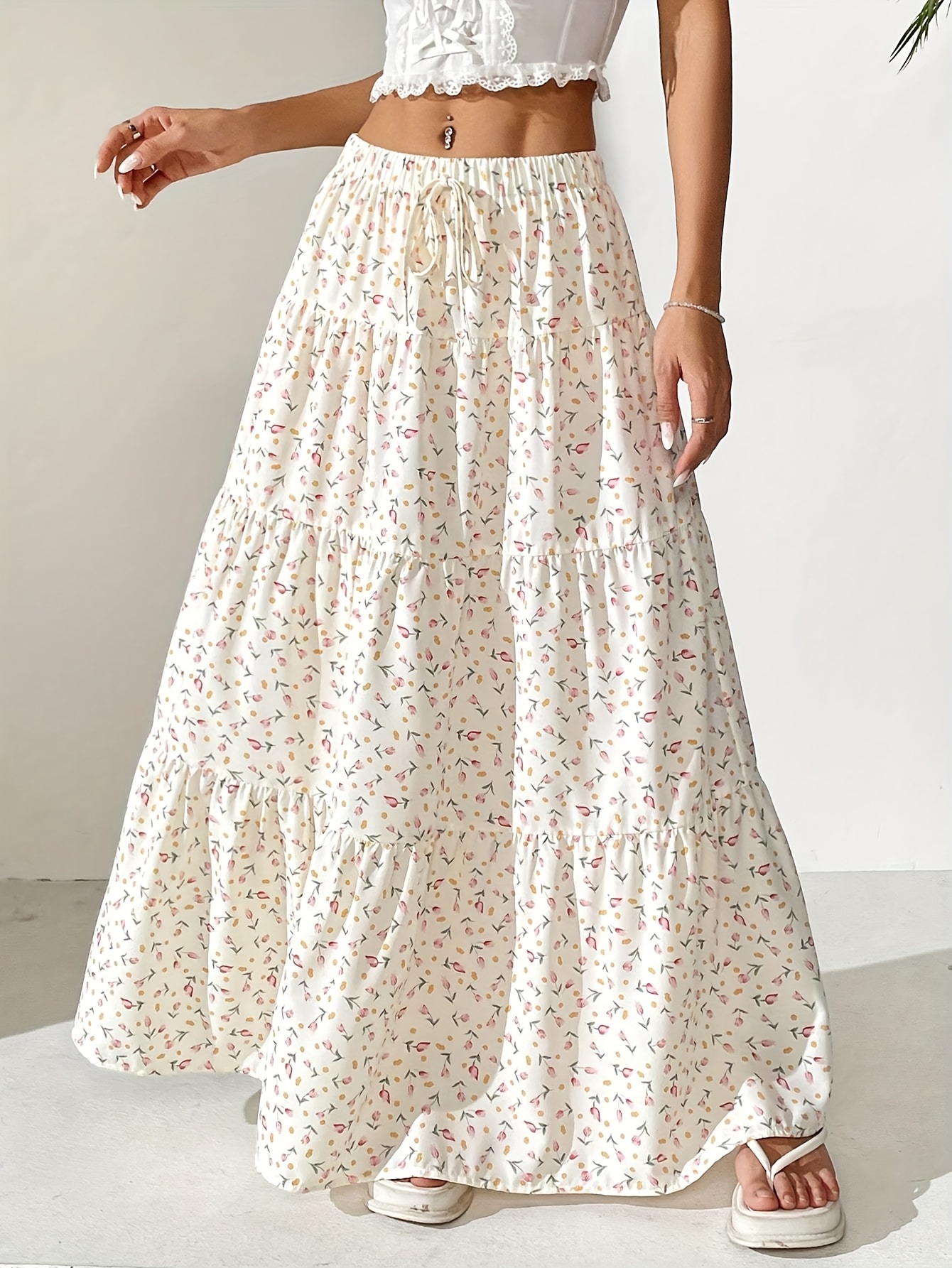 womens bohemian floral maxi skirt elegant white Temu South Africa