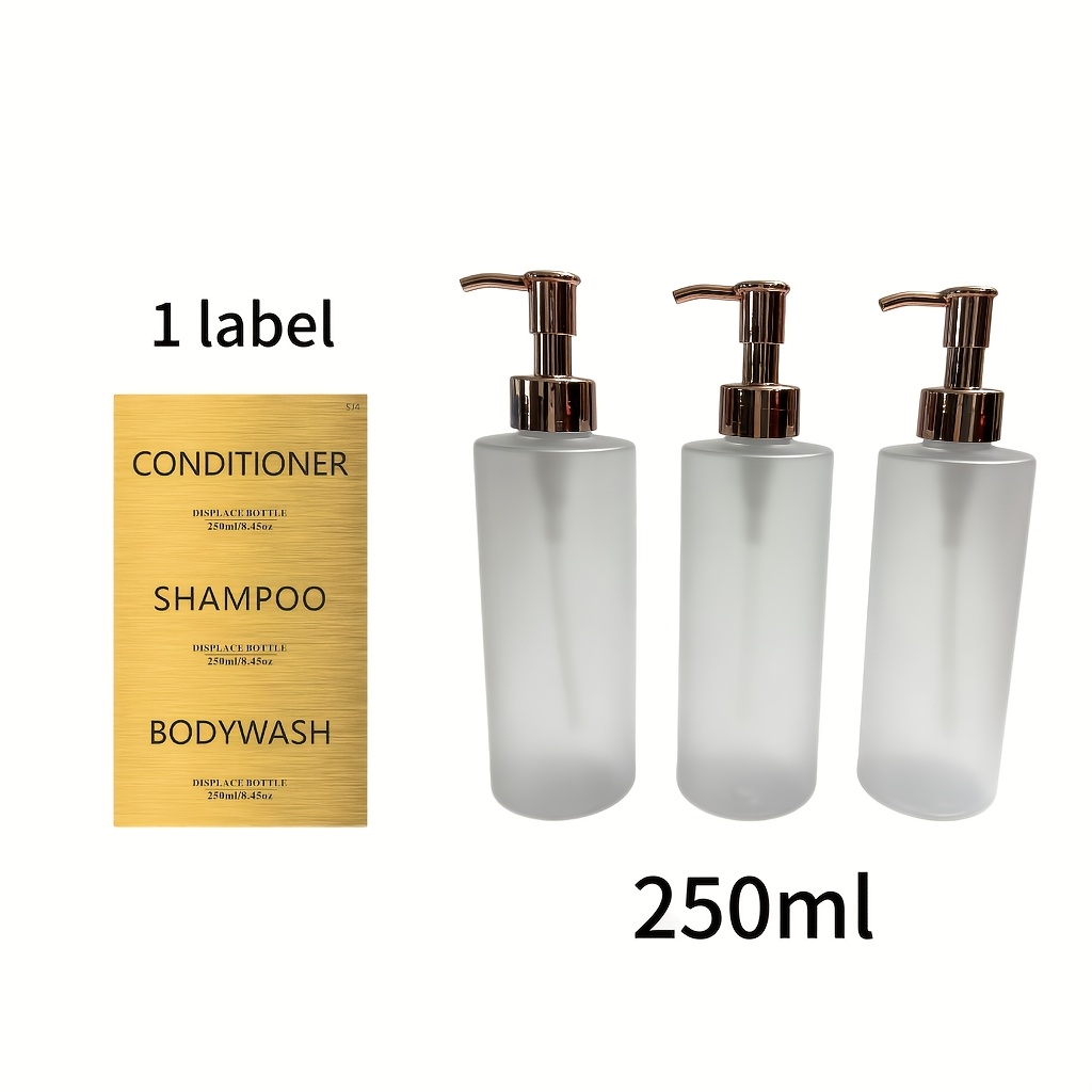 TEMU 3pcs 250ml/8.45oz Reusable Transparent Frosted Plastic Bottle With Waterproof Golden Label & Anti-rust Suitable For Shampoo, Conditioner, Body