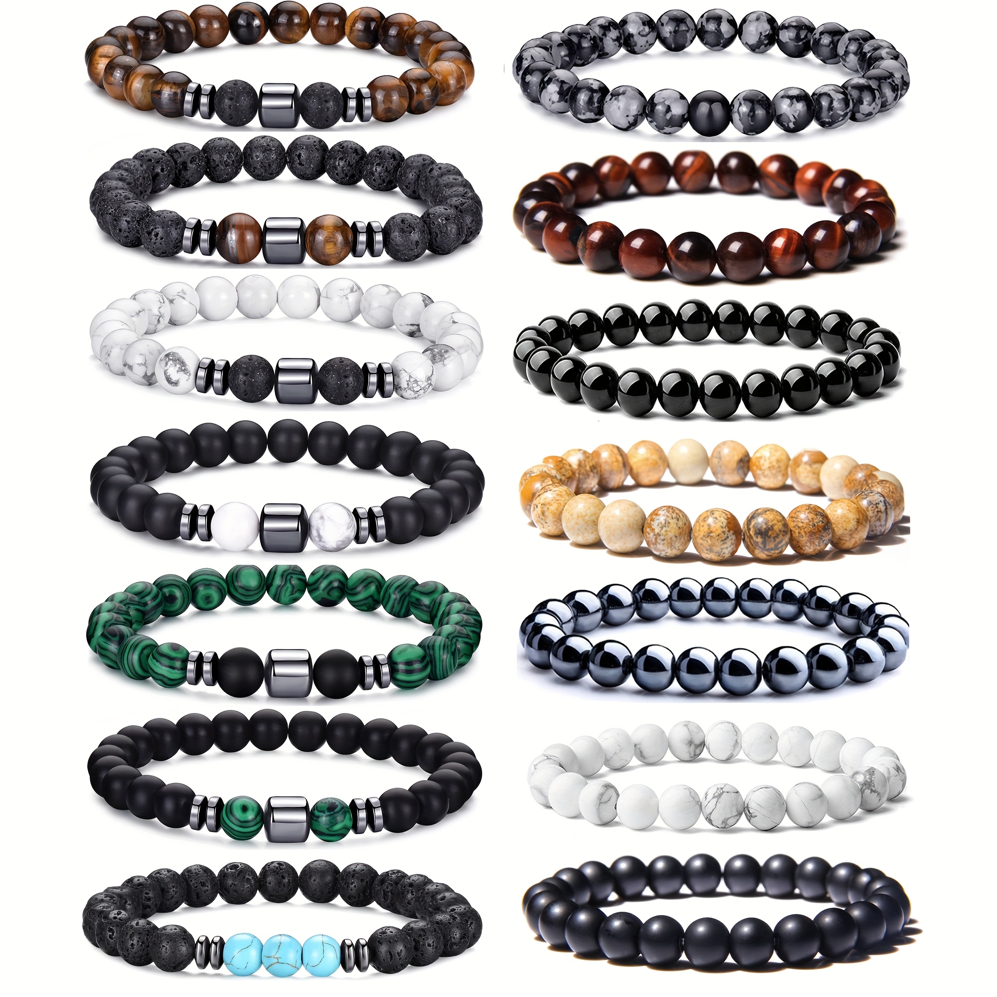 E-shop 14-teiliges klassisches Tigerauge--Armband-Set – Attraktiver mehrfarbiger Malachit gepaart mit Armbändern. Unisex-Stil. Geeignet für den