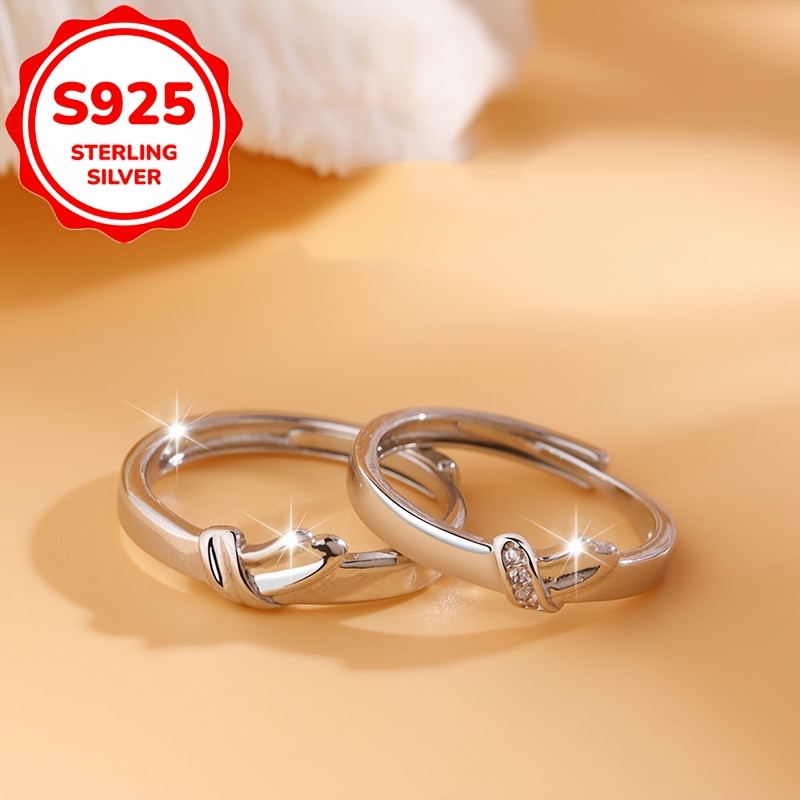 2pcs S925 Sterling Silver Heart Bow Couple's Rings