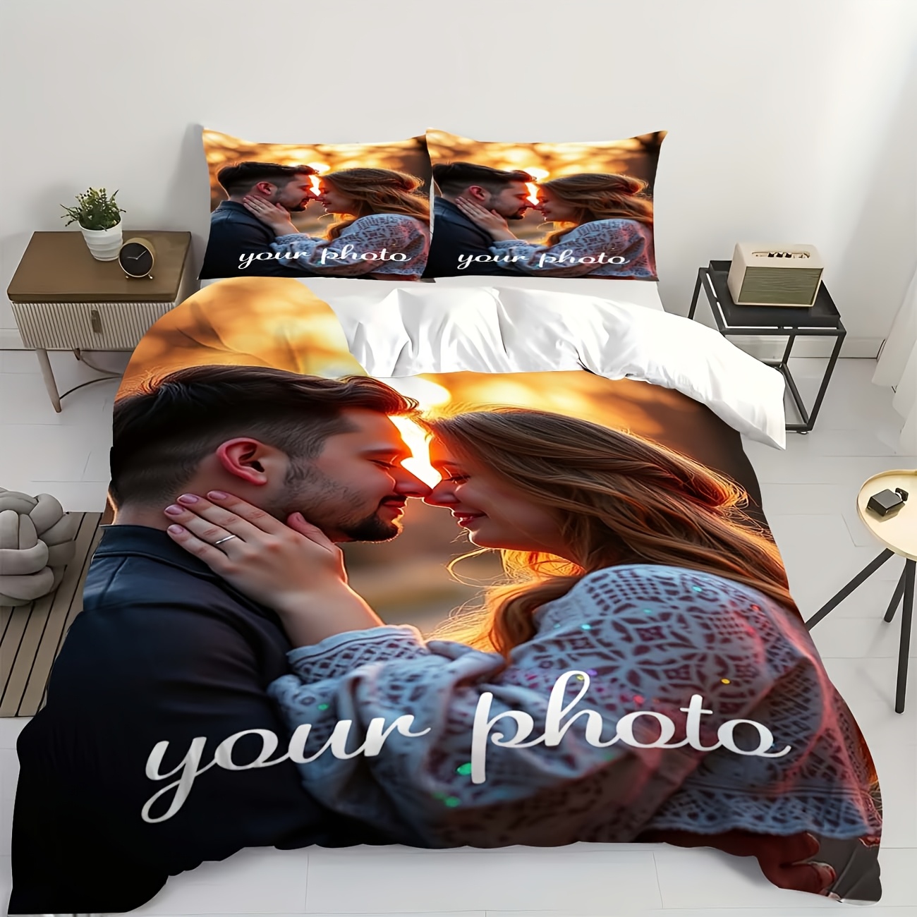 3pcs personalized photo bedding set customizable couple   polyester duvet cover with zipper closure pillowcases 1 duvet cover 2 pillowcases machine washable ideal for bedroom and camping   use duvet customization custom   zippered cover Product details 3