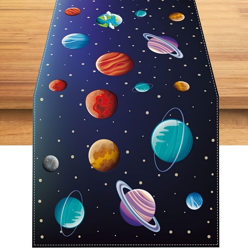 

1pc, Polyester Table Runner, Space-themed Table Runner, Glitter Solar System Planets Design, Galaxy Stars Starry Night, Decorative Tablecloth For Home & Kitchen Decor