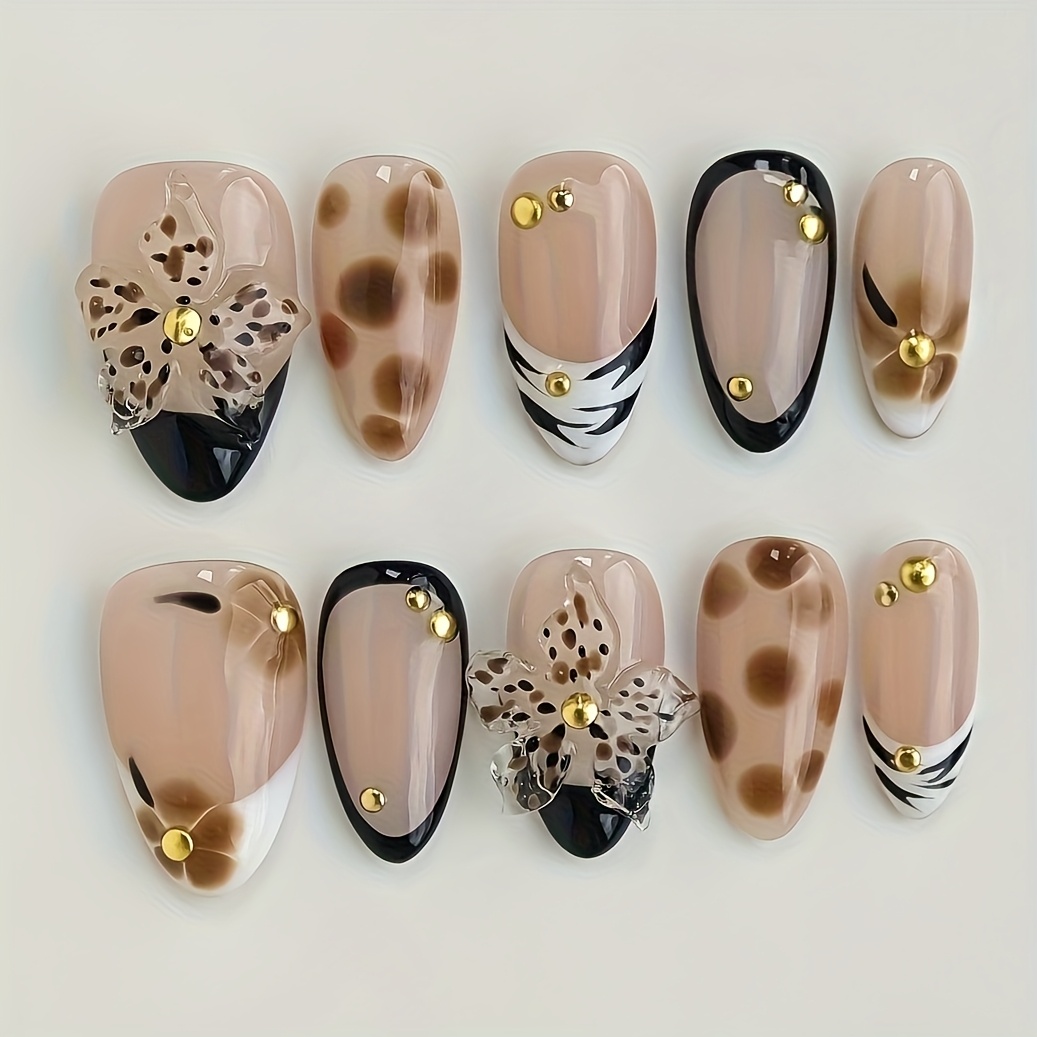 TEMU |handmade Press On Nails-short Almond Shape With Leopard Print Charms, Nude Brown Contrast And Black French Tips-fashionable And Chic Style For