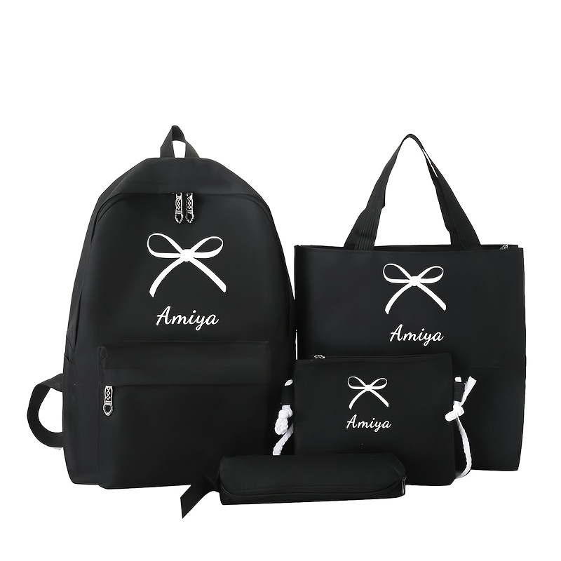 TEMU 4pcs Customizable Back-to- High-quality Multifunctional Lightweight Backpack Shoulder Bag Messenger Bag Solid Color Casual Cute Bow Suitable For