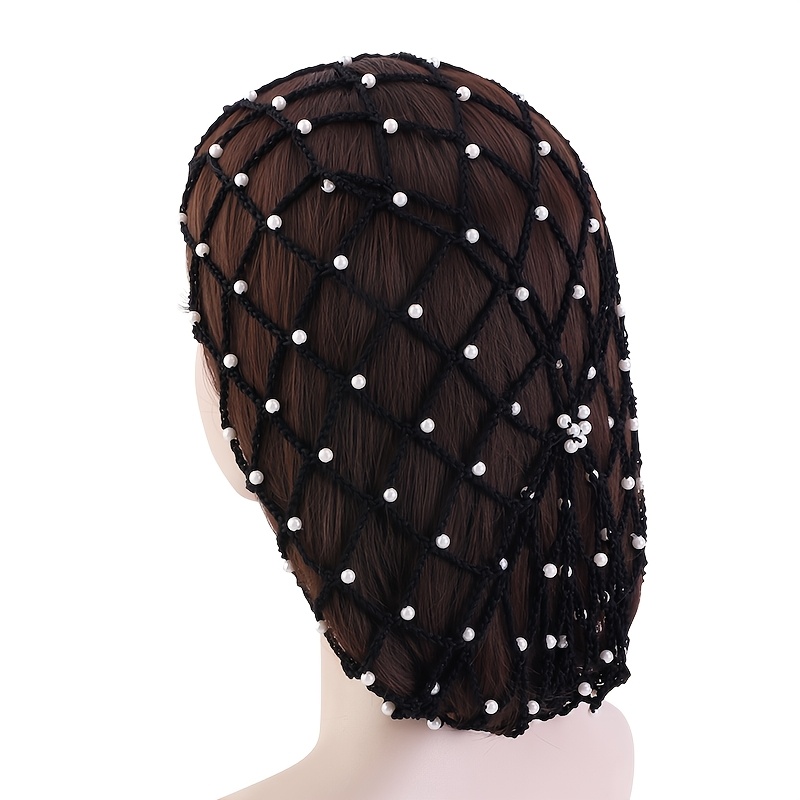 TEMU Ladies' And Rhinestone Hand-crocheted Hair Net, Hair Protection Cap, Solid Color Hair Protection Cap, Mesh Hair Net Cap