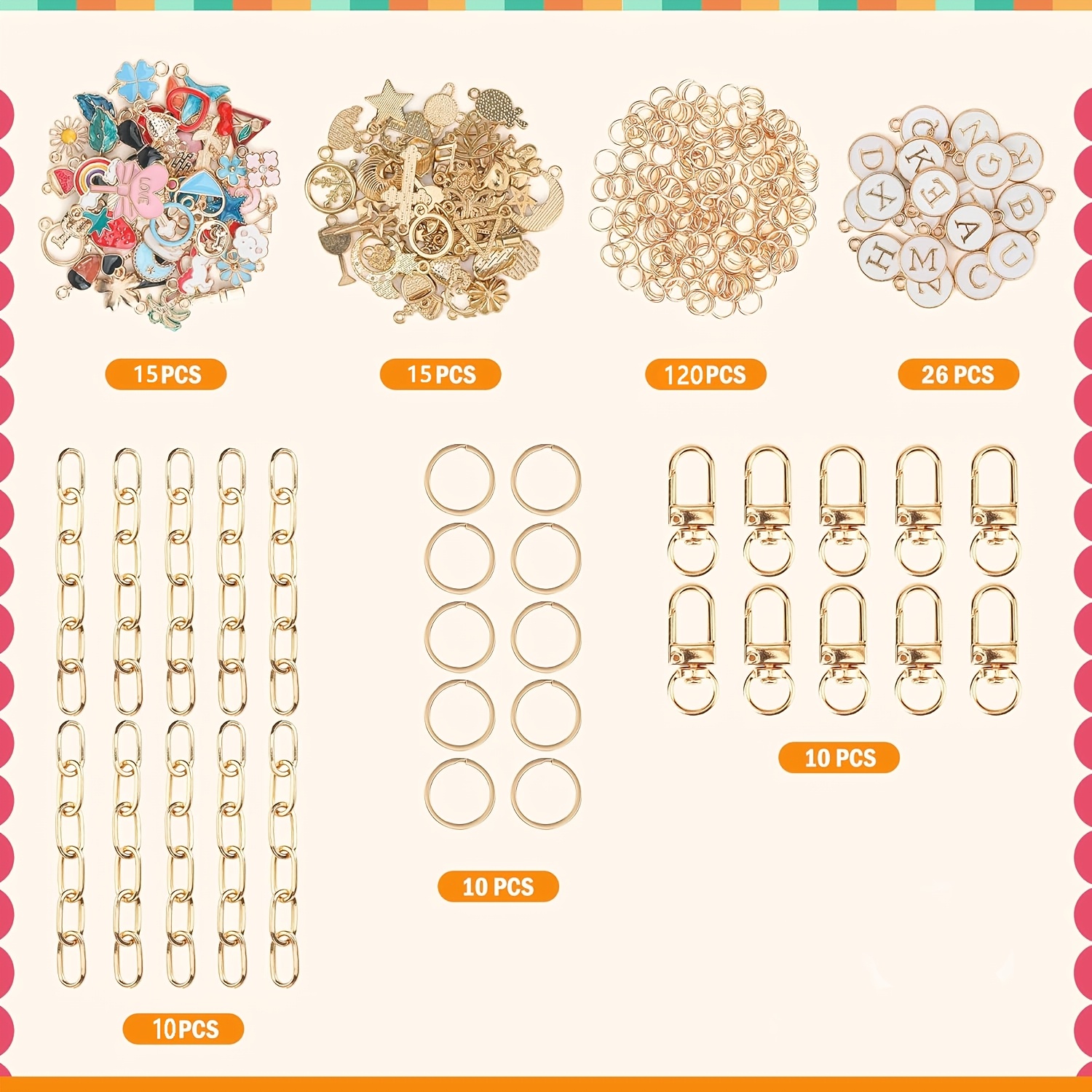Image of 206 Keychain Making Kits, 56 Pendants, 10 Keychain Clips, 10 Keychains, 10 Extension Chains, Rotating Hooks, And 120 Jump Rings. Handmade Materials For Valentine's Day Gifts