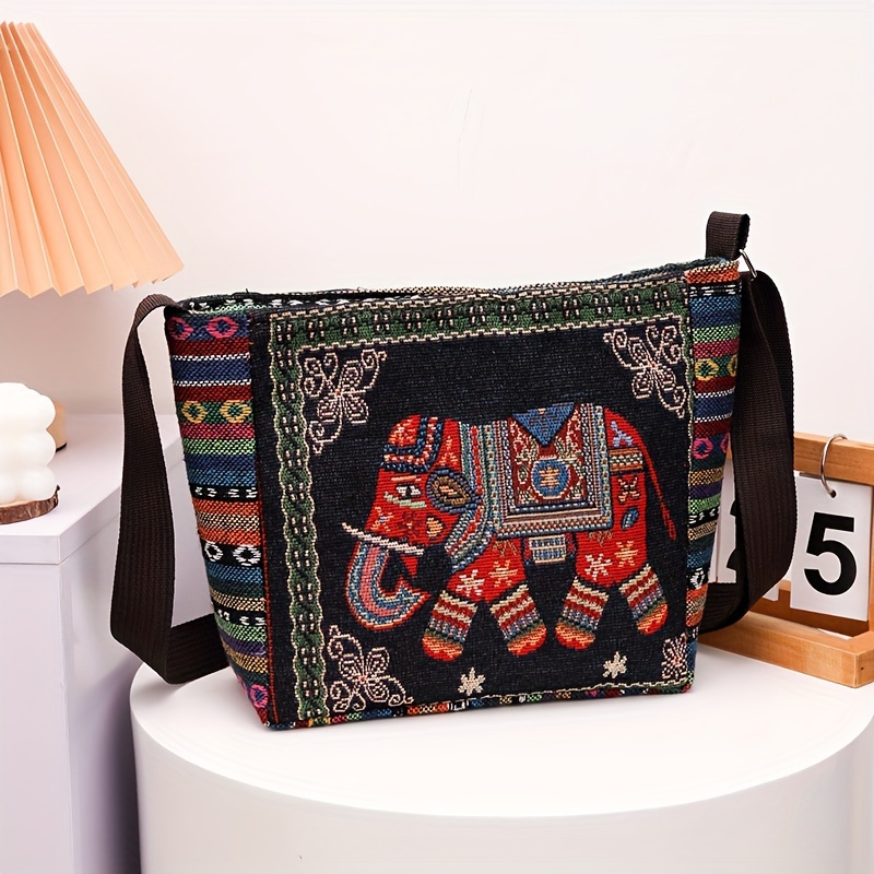 Image of Bohemian Elephant Print Tote Bag - Ethnic Woven Tapestry Shoulder Bag, Large Capacity Casual Hippie Style Handbag For Women, Adjustable Strap