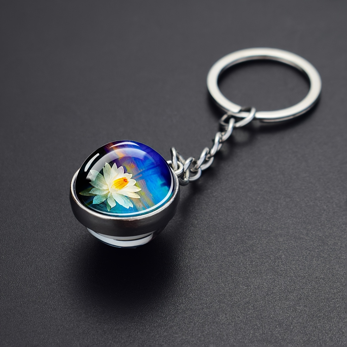 TEMU 1pc Lotus Flower Glass Ball Keychain Double Sided Pendant Charm Gift For Men Decorative Key Ring Accessory