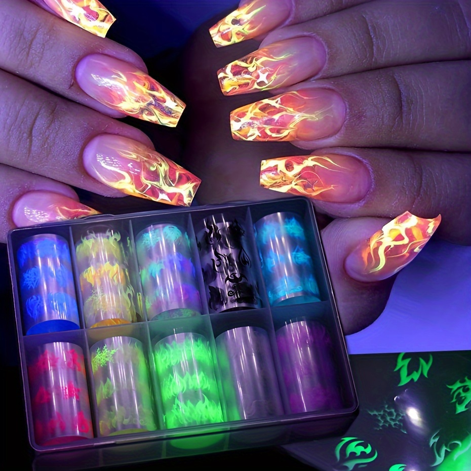 

10 Rolls Glow-in-the-dark Flame Nail Foil Transfer Stickers Kit, Neon Nail Art Decals, Luminous Nail Art Decals For Women And Girls For Music Festival