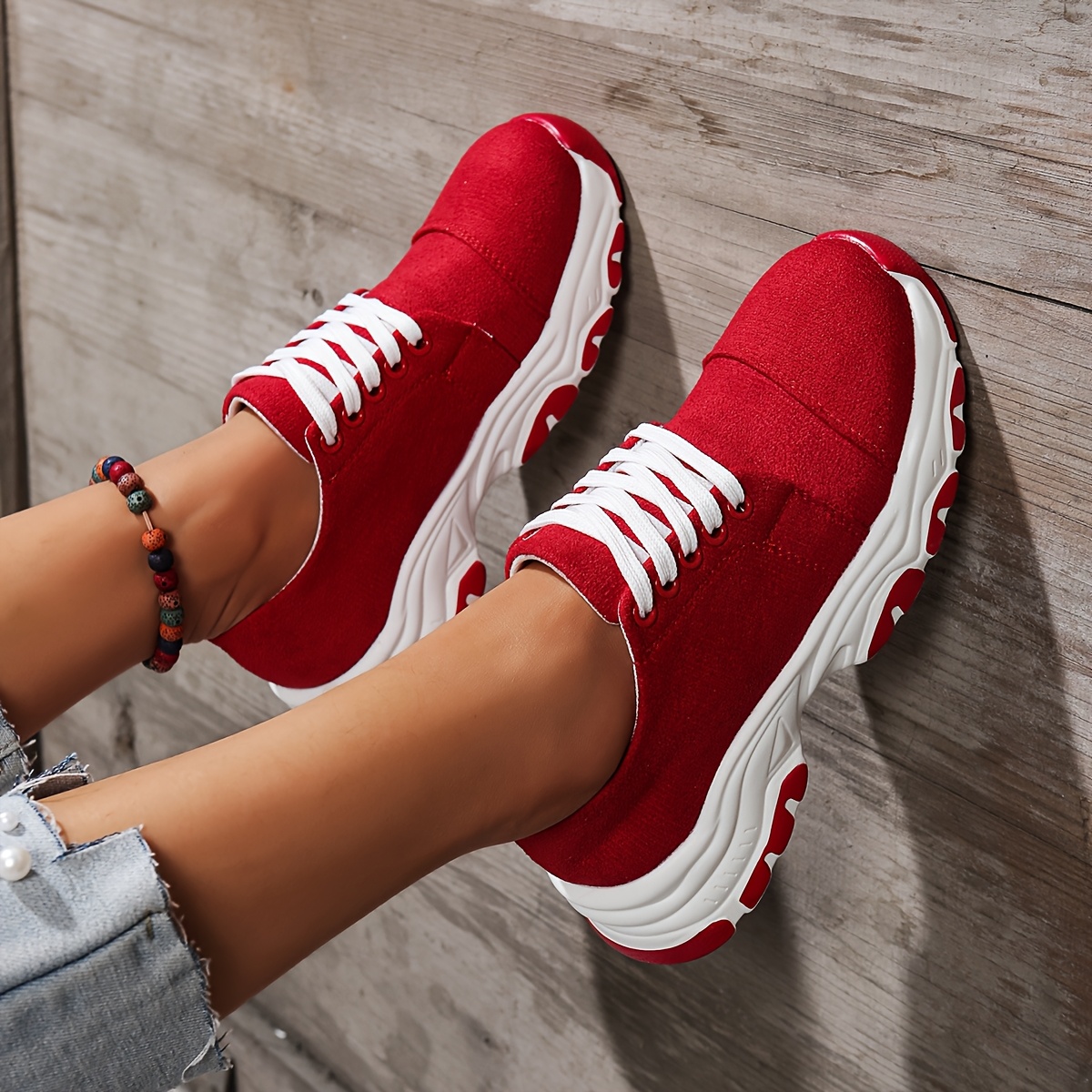Women'S Casual Red Sneakers with White Laces and Sole Lightweight, Rubber  Sole, Round Toe Shoes, Casual Footwear Round Toe Sneakers Rubber