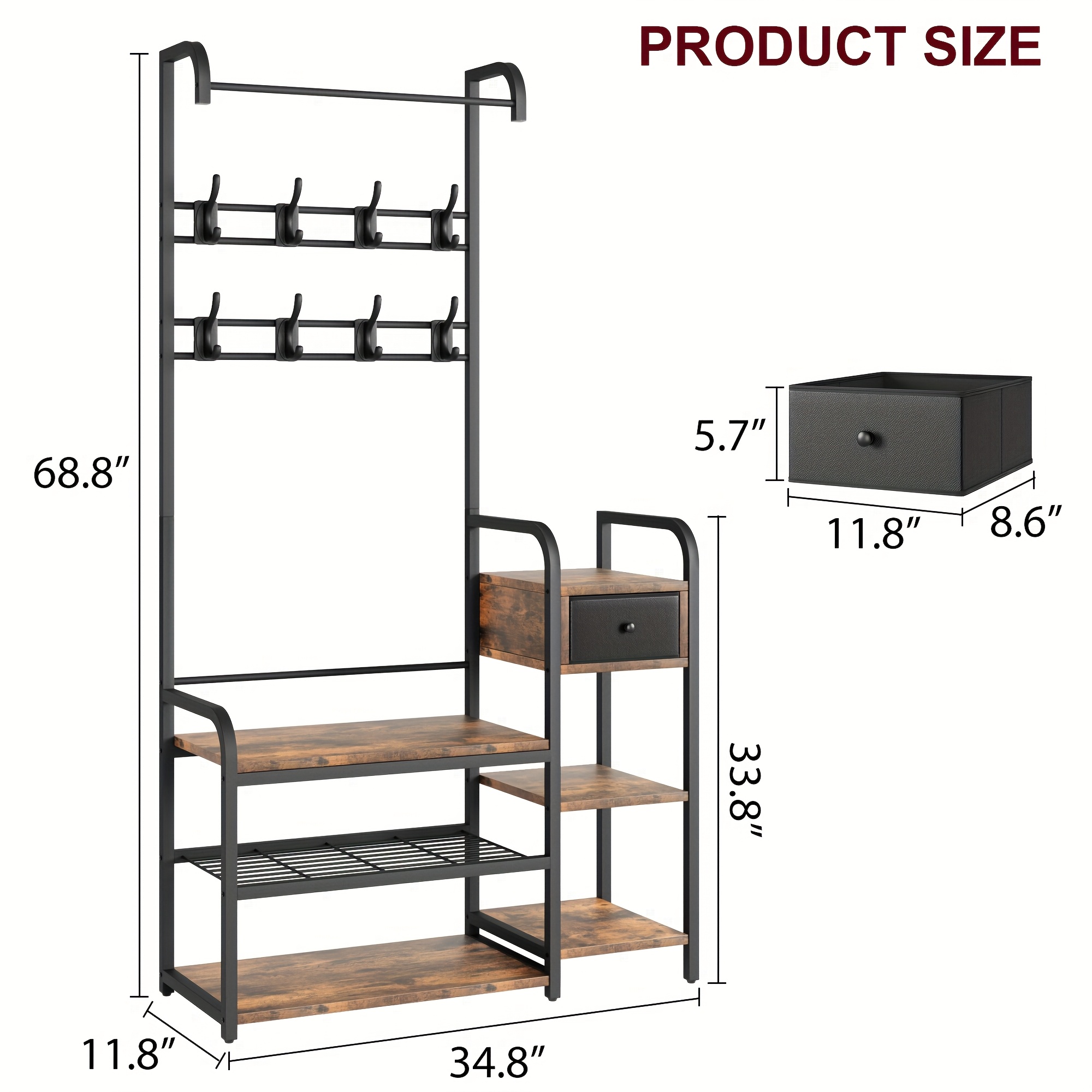 Image of Hall Tree Shoe Bench For Entryway, Coat Rack Entryway Bench With Storage Drawer, Coat Rack Storage Shelf And 8 Hooks, Coat Tree For Small Spaces