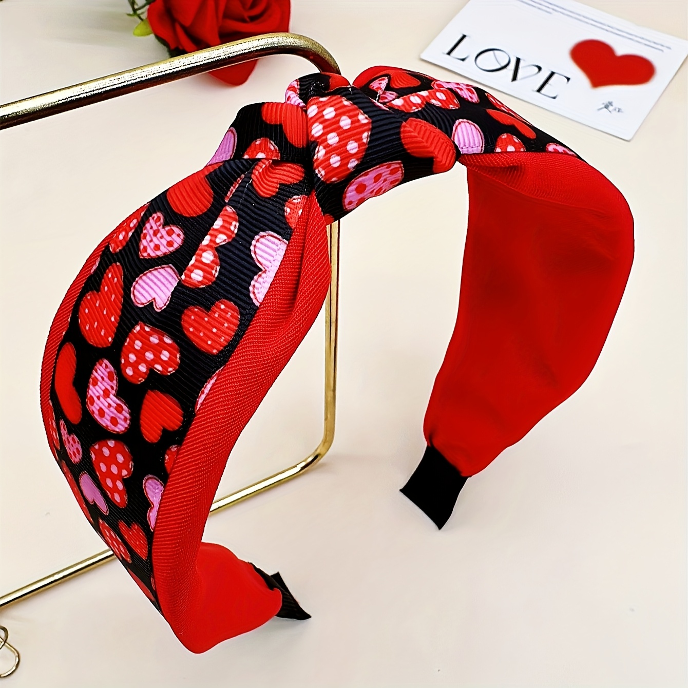 TEMU 1pc Sweet Minimalist Valentine's Day Romantic Fashion High-quality Fabric Hairband With Tie Detail, Single Piece, Color Matching Print, Dress Up Headband For Party Decor