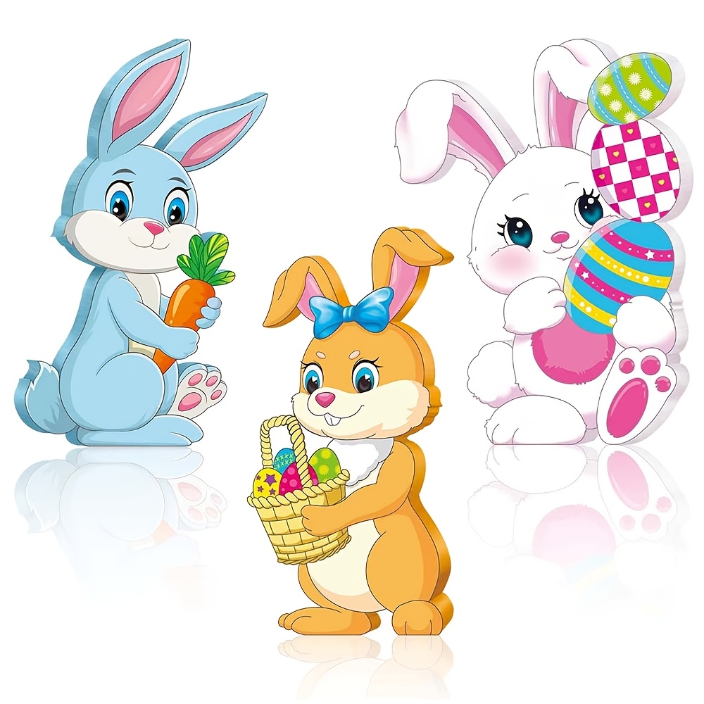 

3pcs Easter Bunny Table Centerpiece Set, Manufactured Wood Tiered Tray Decorations, No-electricity Festive Home & Decor, Cute Easter Egg & Accents For Universal