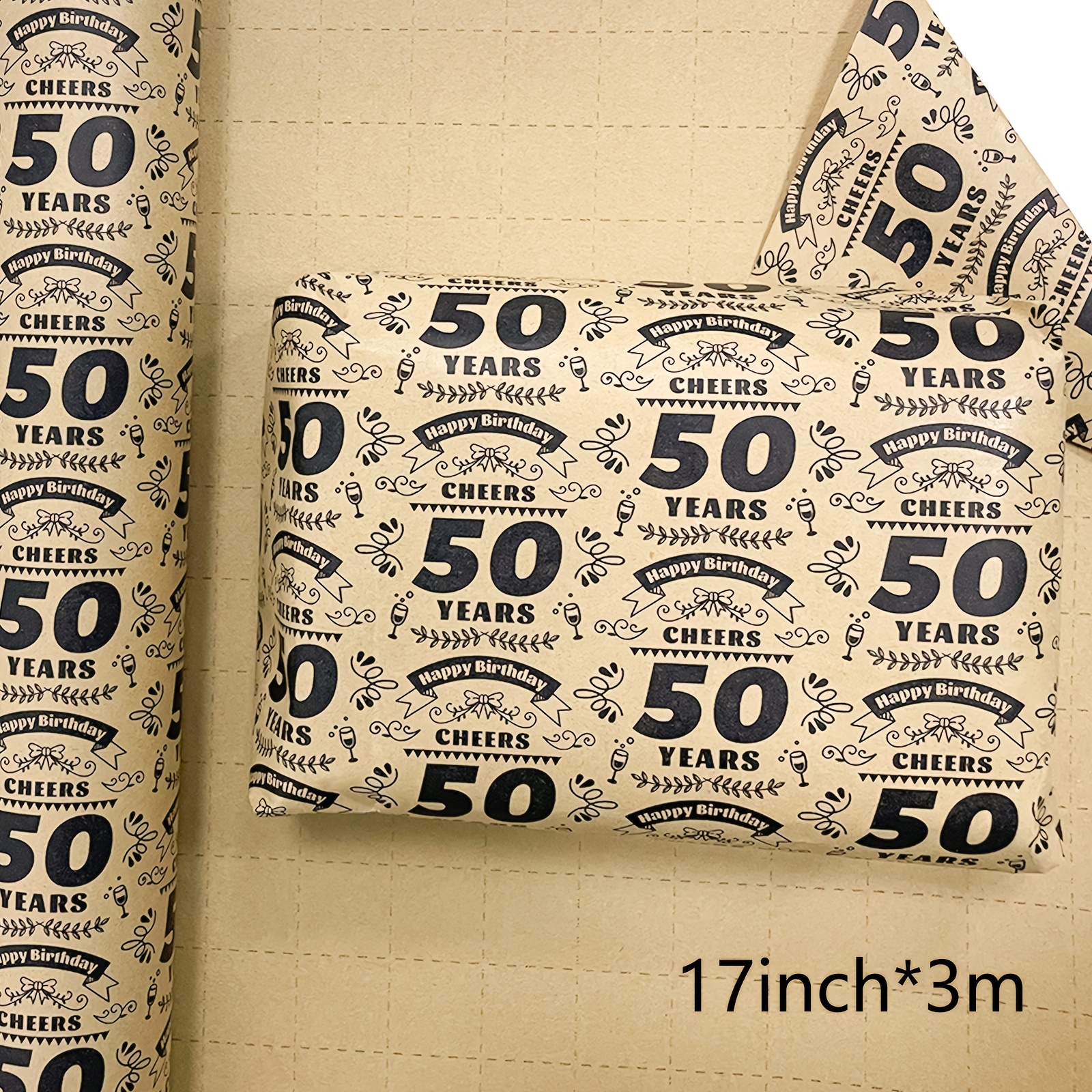 Image of 1 Roll Elegant Golden & Black 50th Birthday Party Wrapping Paper - 17 Inch, , 10m, 15m - Festive Design With "happy Birthday" & "cheers" Text, Celebratory Occasions, Birthday Party Decorations