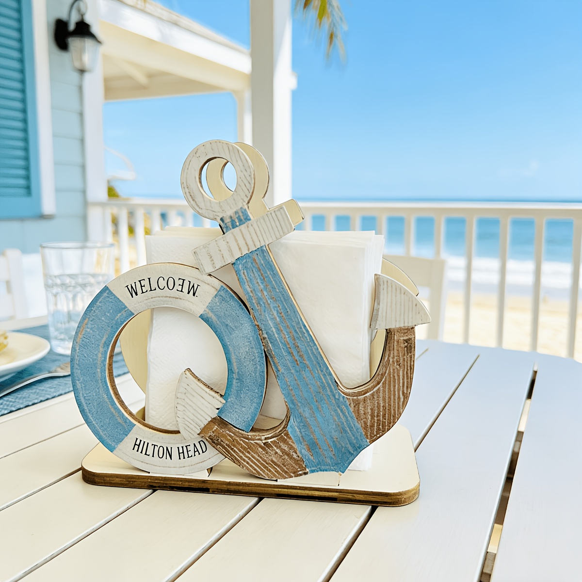 Image of 1pc Nautical Anchor Napkin Holder, Wooden Sailboat Tissue Box. Coastal Decor For Kitchen, Bar, Restaurant. Beach-themed Tabletop Piece For Weddings, Birthdays, Parties.