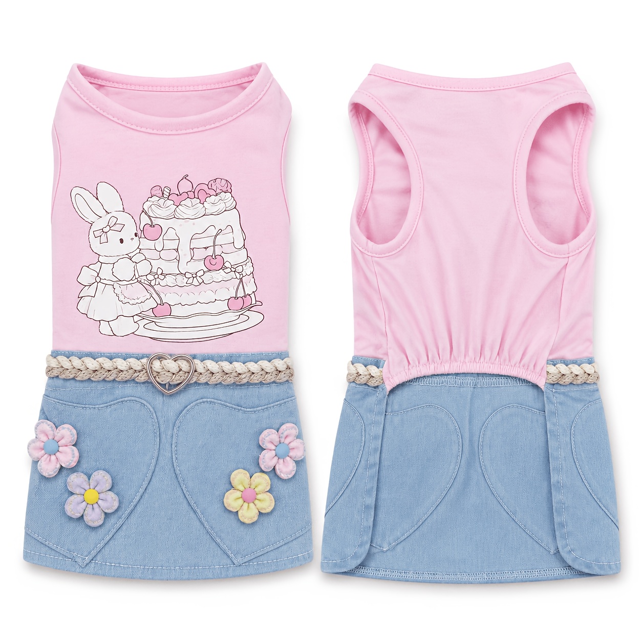 TEMU 1pc Pet Dress-pink, Purple, And Yellow 3d Flower Denim With Rabbit And Cake Print; Cat And Dog Pet Clothing-/summer Dress For Small Pets
