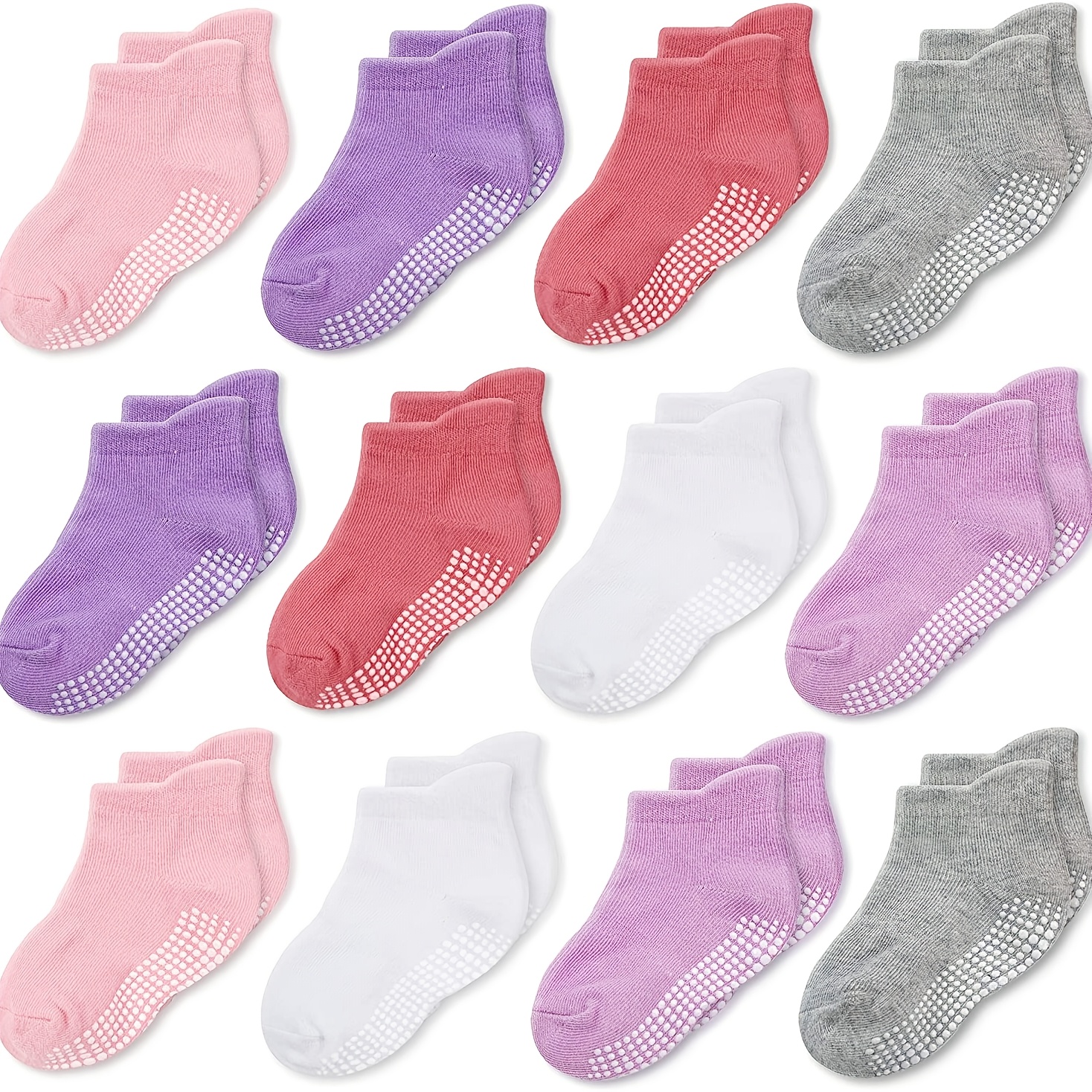 Image of 12-pair/6-pair Solid Color Non-slip Dot Grip Toddler Socks, Suitable For Little Girls And Boys, Children, Toddlers, Kids