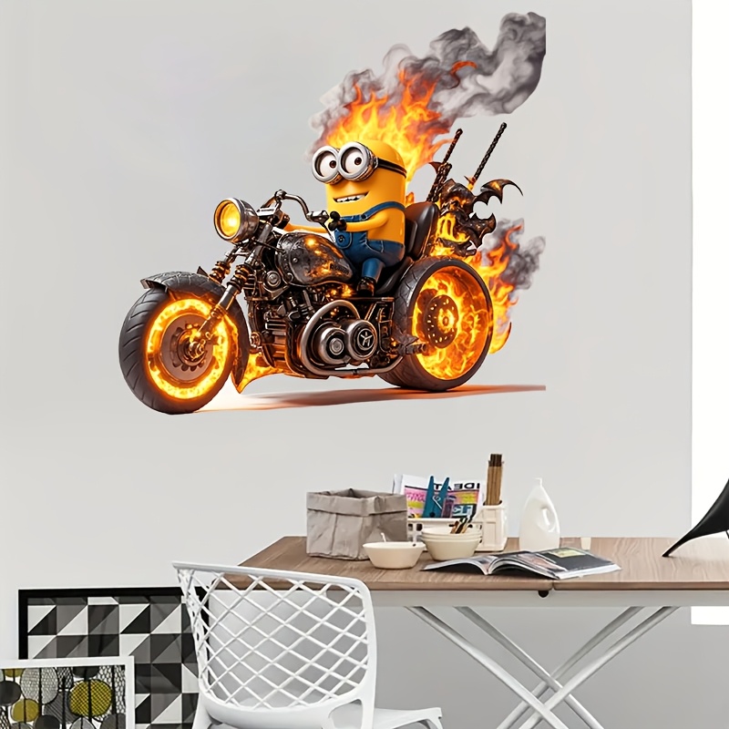 

1pc 3d Yellow Minions Motorcycle Wall Decal, Pvc Self-adhesive Wall Sticker For Home, Fridge, Window Decor, Diy New Year Wall Art, Christmas & Party Decoration, 11.81x11.81 Inches