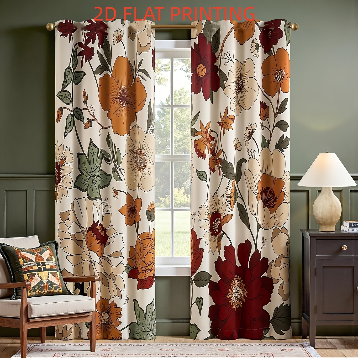 TEMU 2d Flat - 2pcs 2d Flat Print 55x150 Cm/21.65x59 Inch Floral Curtains Bedroom And Drapes Room Darkening Window Drapes Vintage Flower Patterned