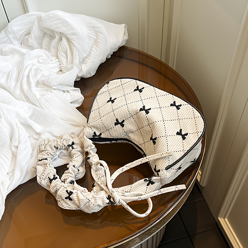 TEMU /summer Single-shoulder Bag, Underarm Bag, Printed Bow Japanese-style Pleated Shoulder Strap Sweet Drawstring Commuter Bag, Handbag, Square