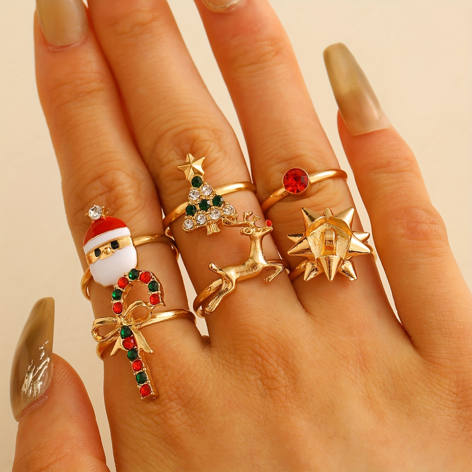 

6pcs/set Cute Cartoon Elk Christmas Tree Adjustable Finger Ring Jewelry Decoration