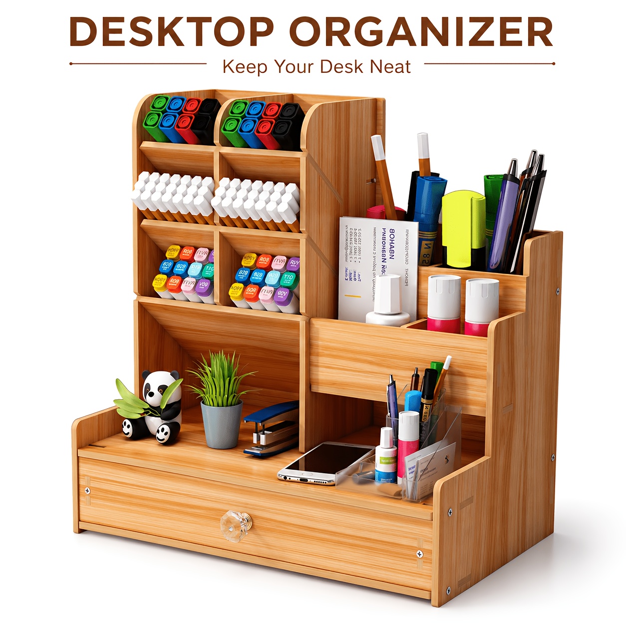 TEMU Multifunctional Desktop Organizer With Drawer, Large-capacity Marker And Pen Storage Rack With Multiple Compartments, Card And Phone Holder For