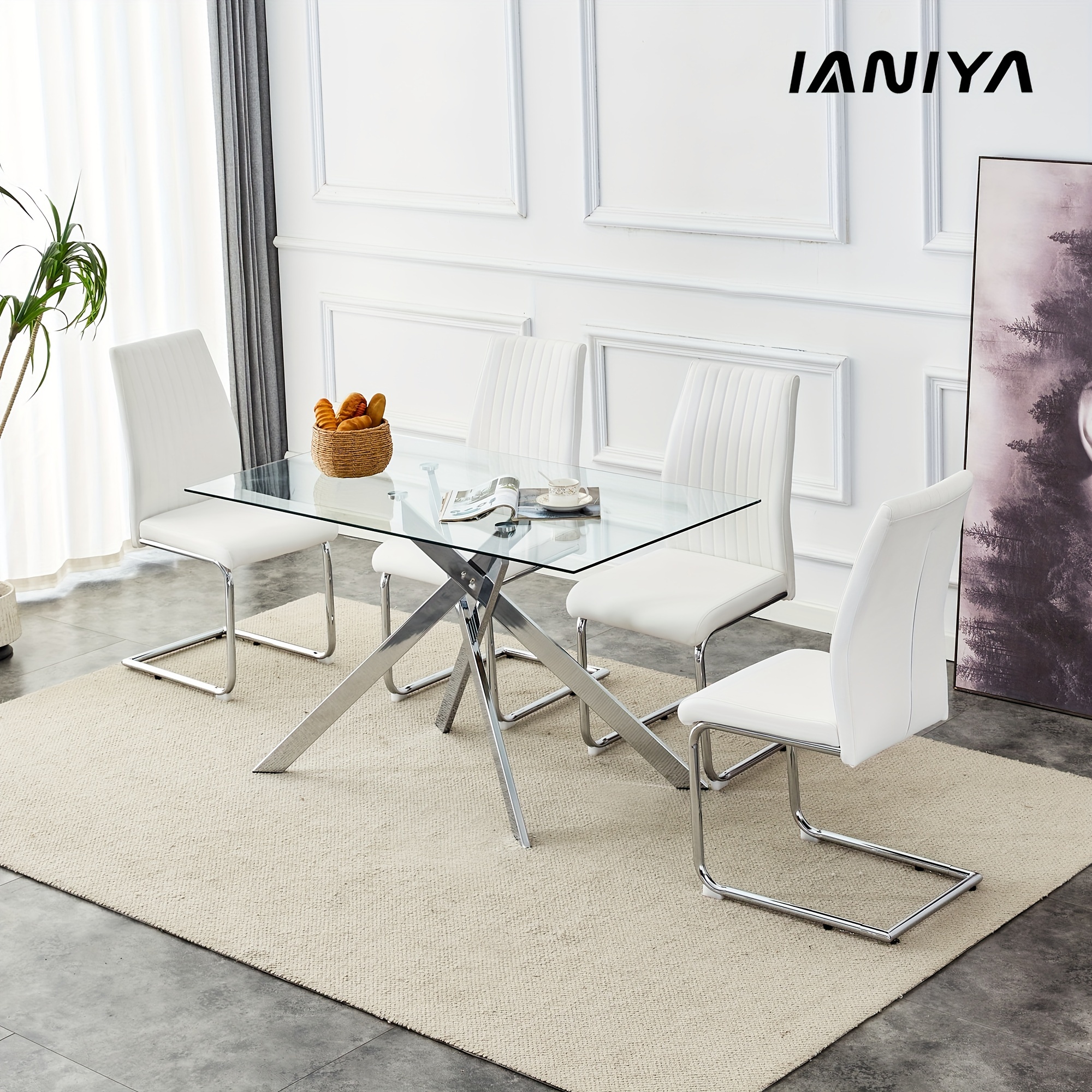 

Ianiya 51.18" Rectangular Clear Tempered Glass Dining Table, Stylish Design With Silver Metal Legs, Dining Table For Dining Room