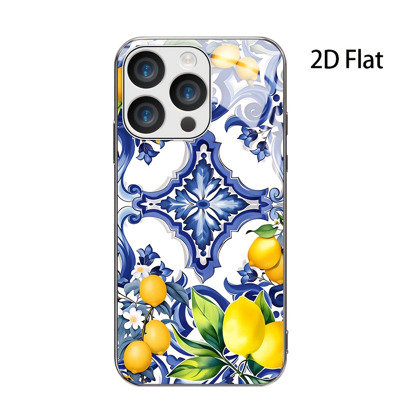 TEMU Phone Case - 2d Flat Blue And White Tile Lemon Electroplated Silvery Tempered Glass For Iphone 17, 17 Air, 17 Pro, 17 Pro Max, 16, 16 Plus, 16