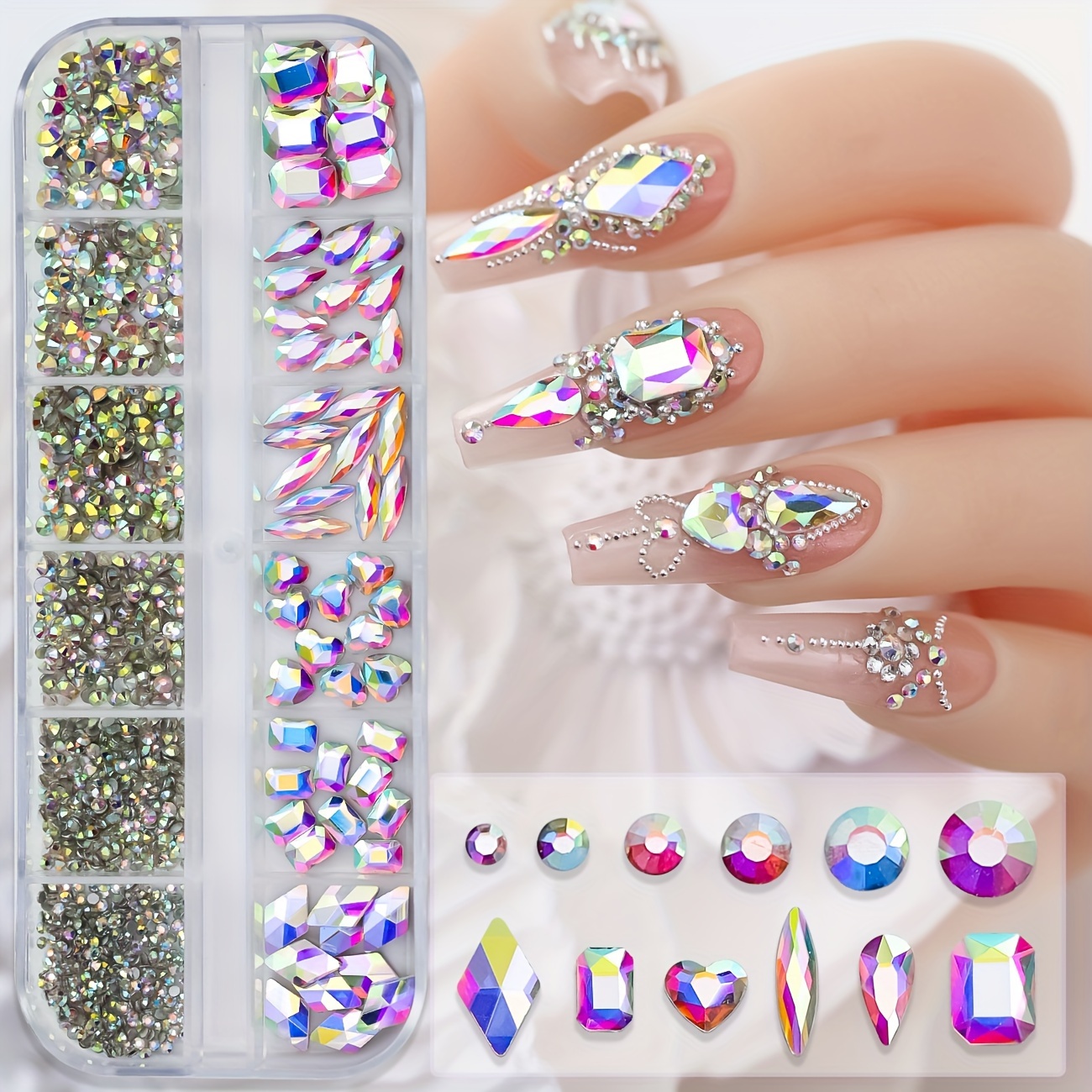 

980pcs/box Ab Clear Rhinestones Charms Kit Multi-shape Diy Nail Charms Decoration Heart Nail Diamond