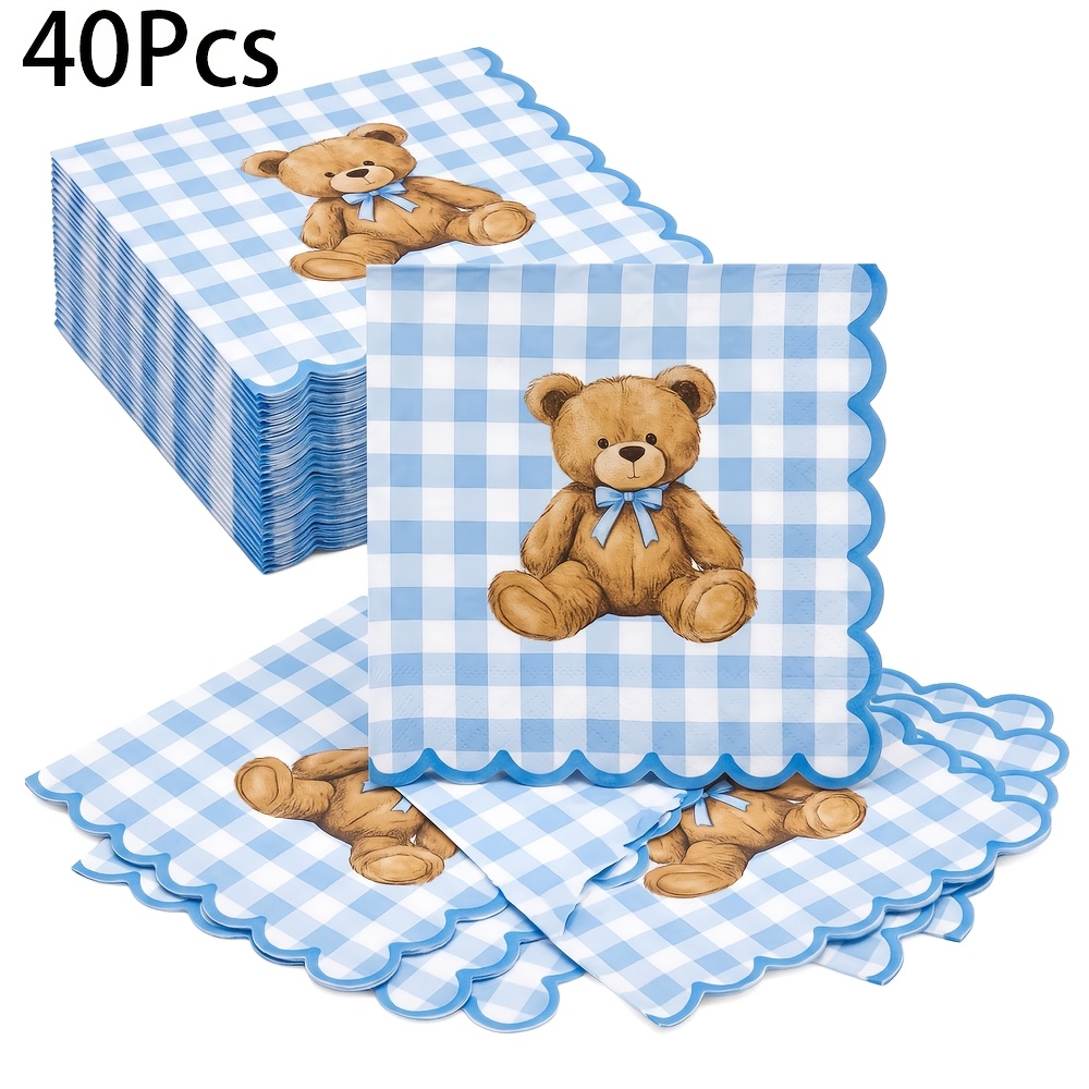 TEMU Lot de 20 à 60 pièces, Serviettes en Papier Ours à Carreaux Vichy Bleu et Blanc, Mouchoirs Carrés Jetables à Bord Scalloped 2 Plis à Motif Ours