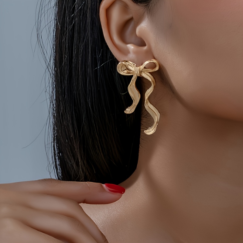 Golden Bowknot Drop Earrings Fashionable Dangle Statement Jewelry