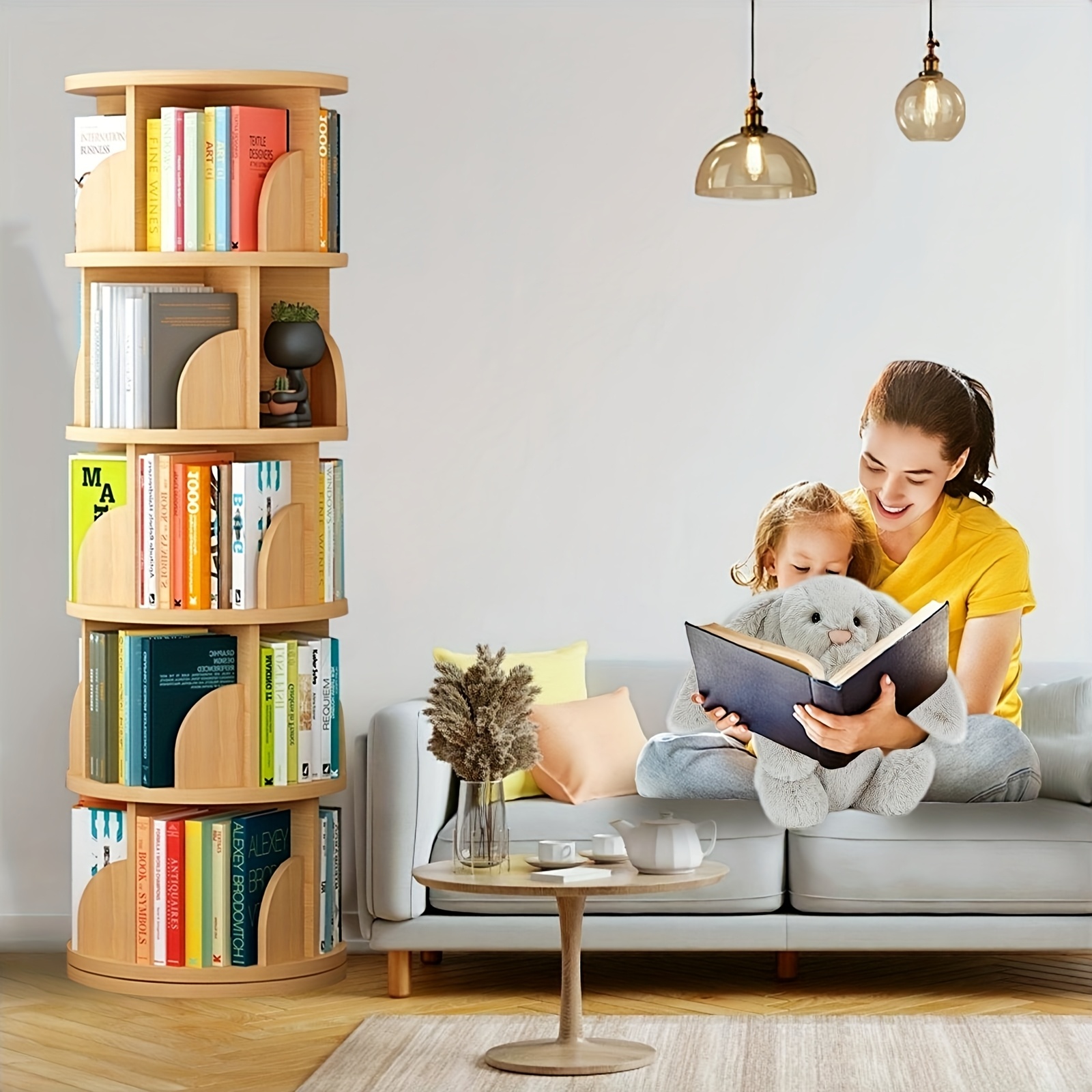 360° Rotating Wooden Book Tower, Spinning Bookshelf with 4/5 Tiers for Office, Living Room, And Room
