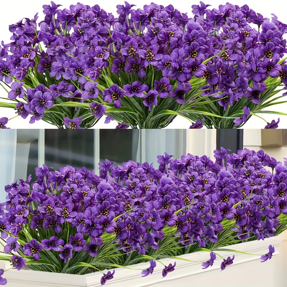 

12pcs Uv Resistant Artificial Violet Flowers - Outdoor Fake Flower Plant For Porch, Window Box, And Home Decor - No Fade Faux Plastic Greenery Shrubs - Purple