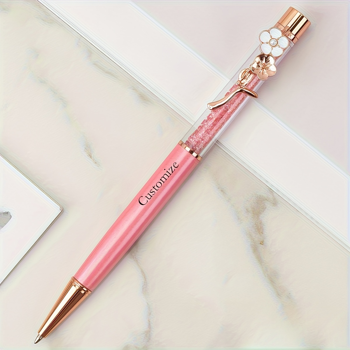 TEMU Custom Engraved Flower Pen Holder With Metal Rhinestone Design - Smooth Writing Grip, Christmas, Birthdays & | Unisex Fashionable Promotional