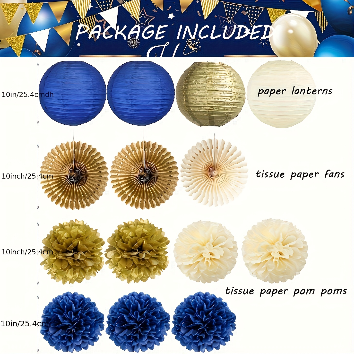 Image of Navy Blue And Decorations, Navy Blue And Cream Paper Lanterns, Hanging Paper Fans, Tissue Pom-pom Flowers, For Men's Birthdays, Weddings, Graduation Parties, And Memorial Day Decorations