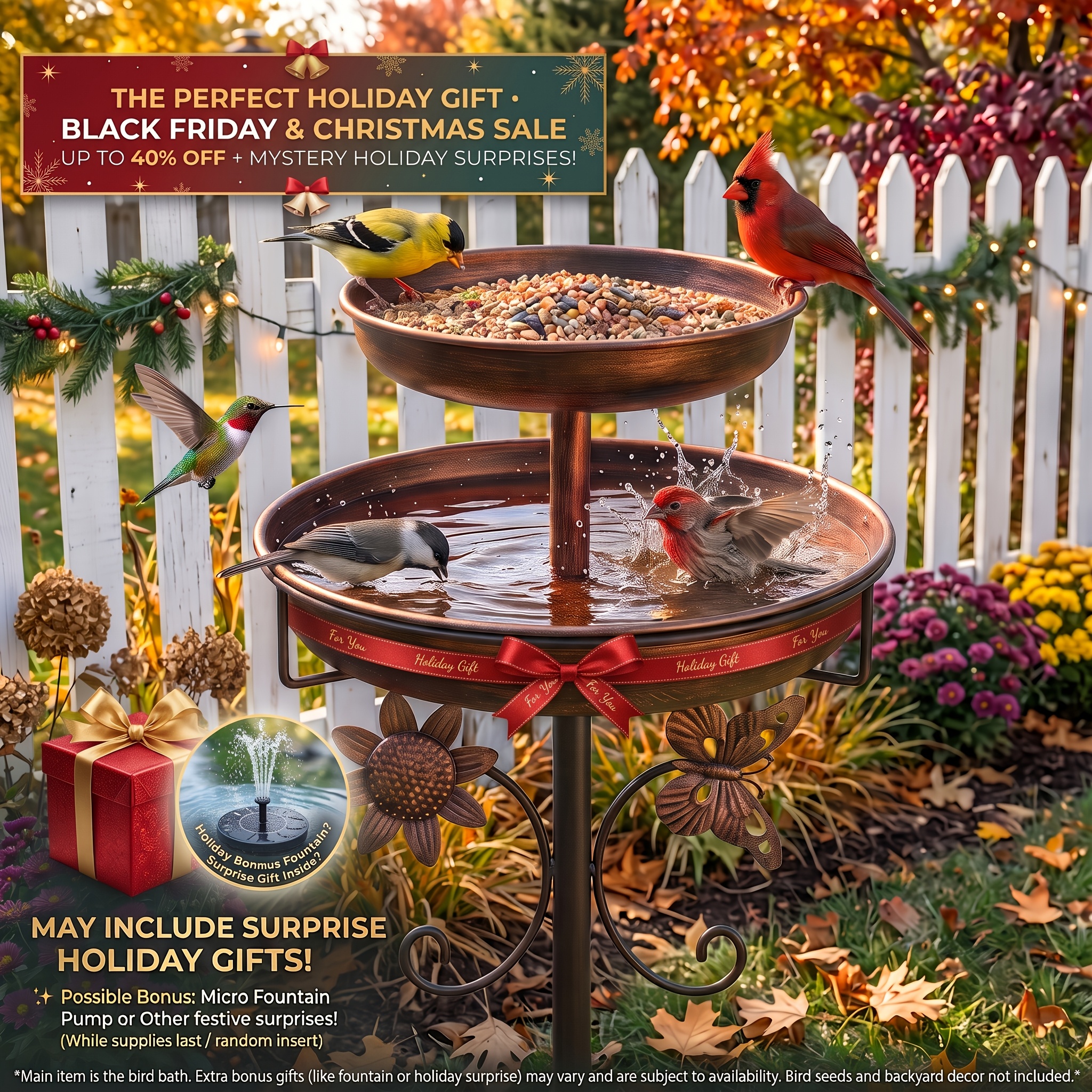 TEMU Eiibiicii Extra-large 1.4/0.7 Gal Vintage Cast Iron Outdoor Bird Bath, 13.6/9.6-inch Basin, 41.6/31.1-inch Height. 5-prong Ground Spike For