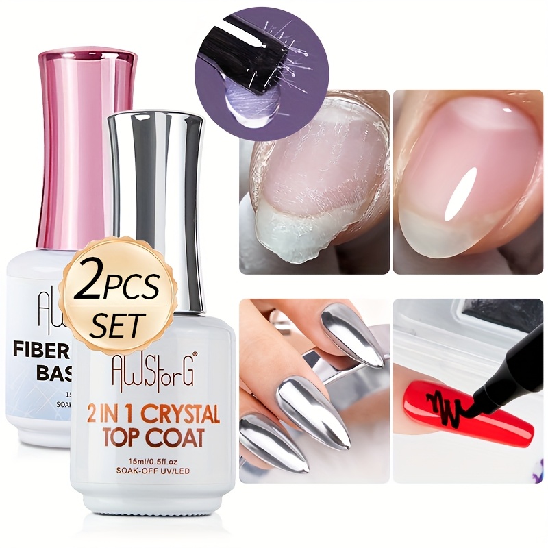 Image of Awstorg 2pcs/set 15ml Fiber Rubber & 2in 1 Coat Gel Transparent Function Nail Polish Soak Off Long Lasting Gel Lacquer Nail Art