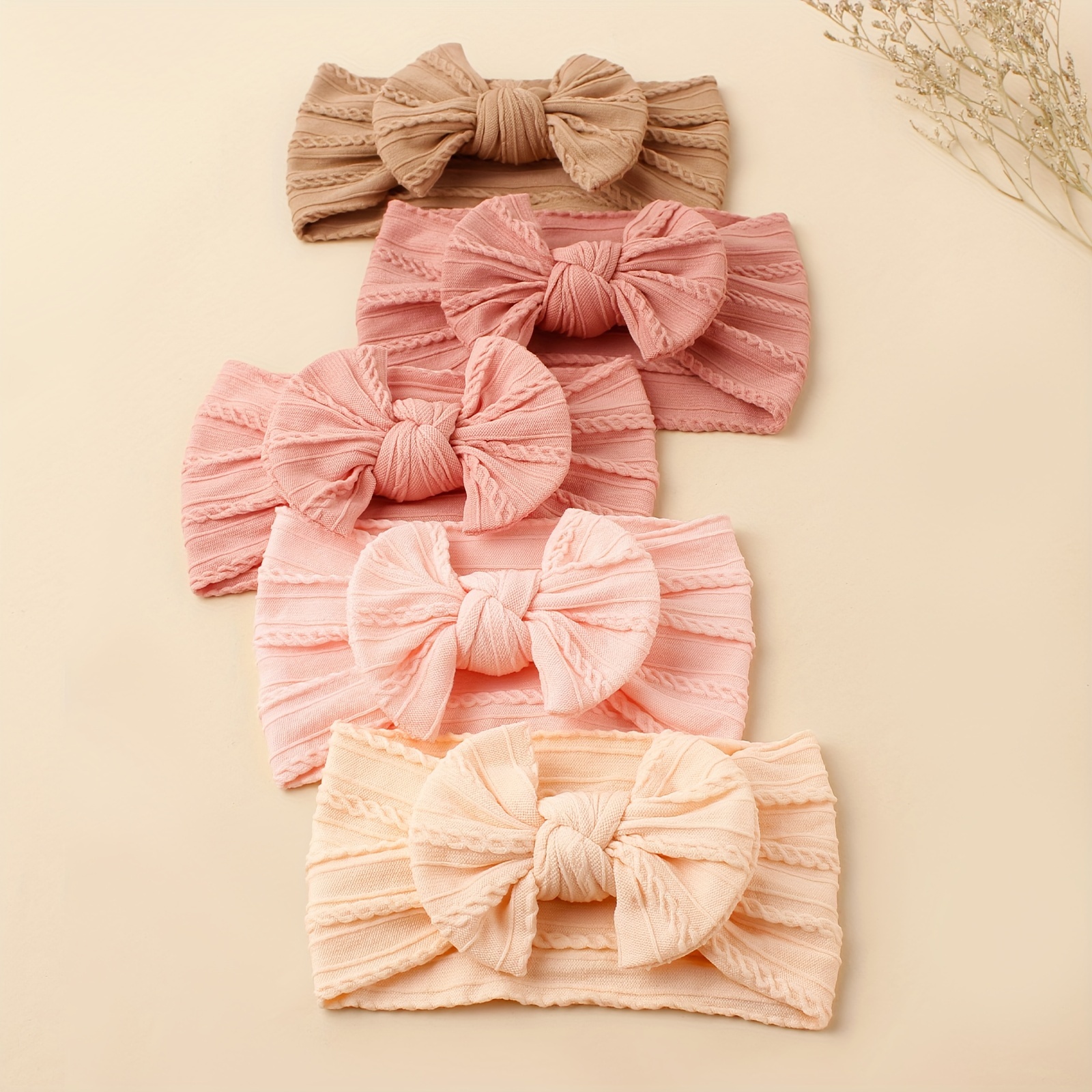 

Set Of 5 Handmade Nylon Bow Headbands For Girls - Striped Comfortable Hair Bands, Style Hair Accessories For Daily & Casual Wear, Children's Hair Decor, Fits 3-14