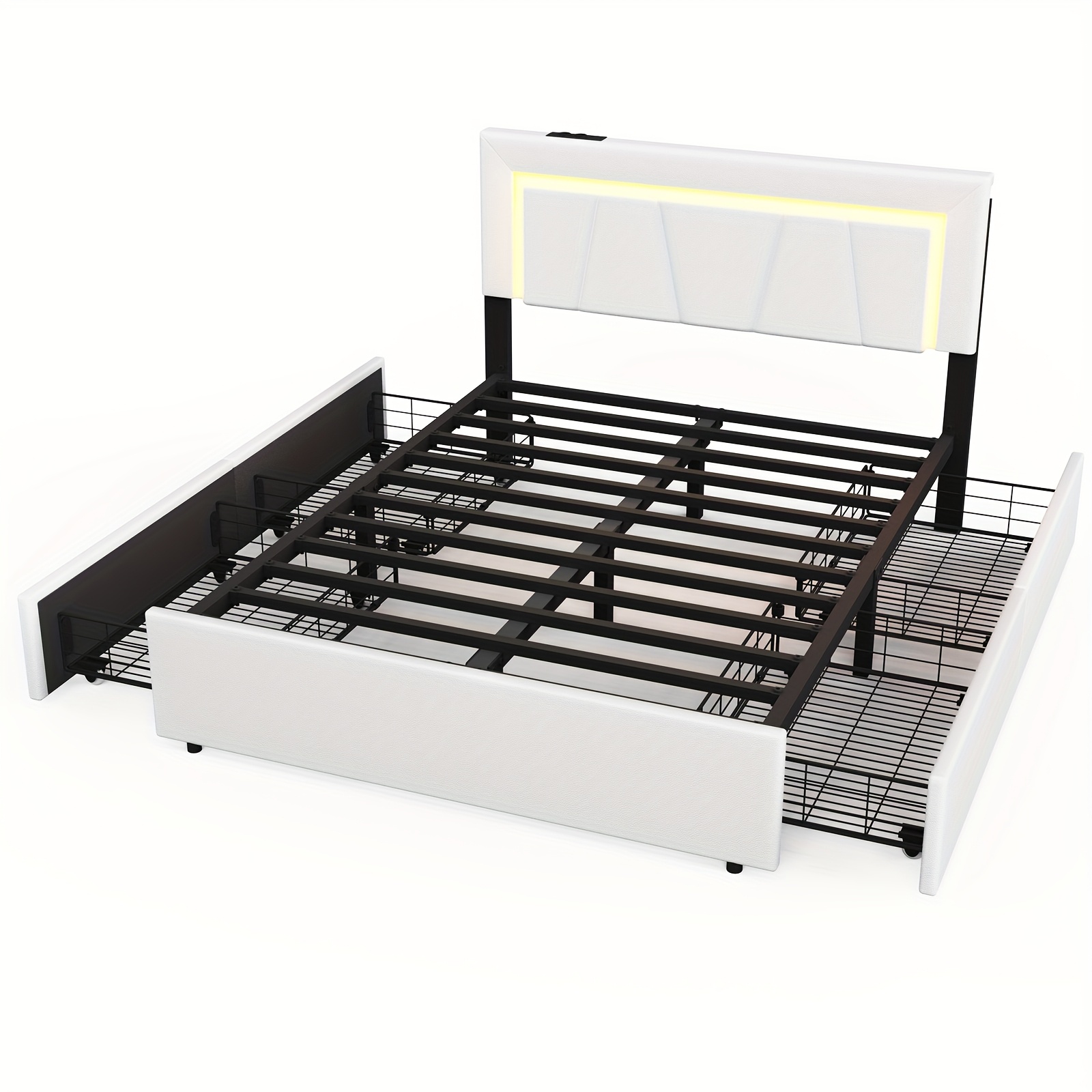 Double Bed Frame, 140x200 Cm Functional Upholstered Bed With Led Light And 4 Storage Drawers, Mattress Not Included