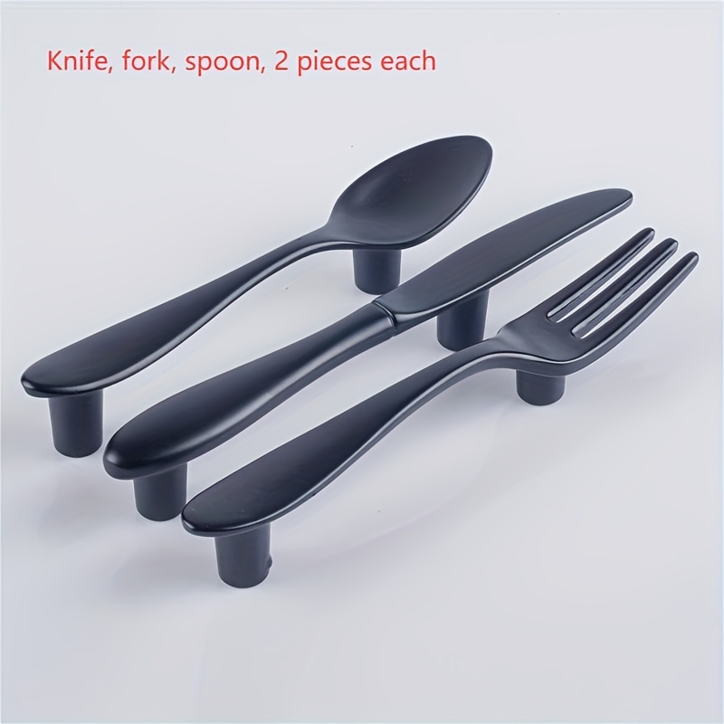 1 Set Of 6 Creative Handles, 2pcs Each In Knife, Fork, And Spoon Shapes, Modern Minimalist Knife, Fork, And Spoon Handles, Cabinet Door Handles, Door Handles, Drawer Handles, Black
