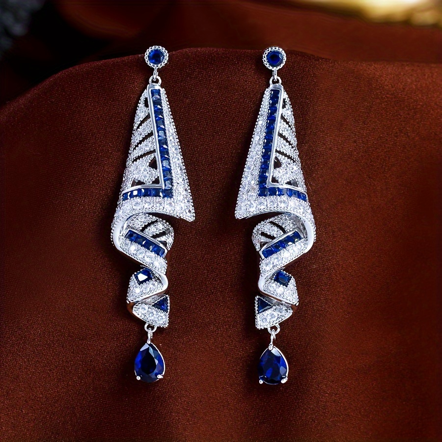 Orecchini pendenti a nastro in zircone bianco blu da sposa_voghion.com