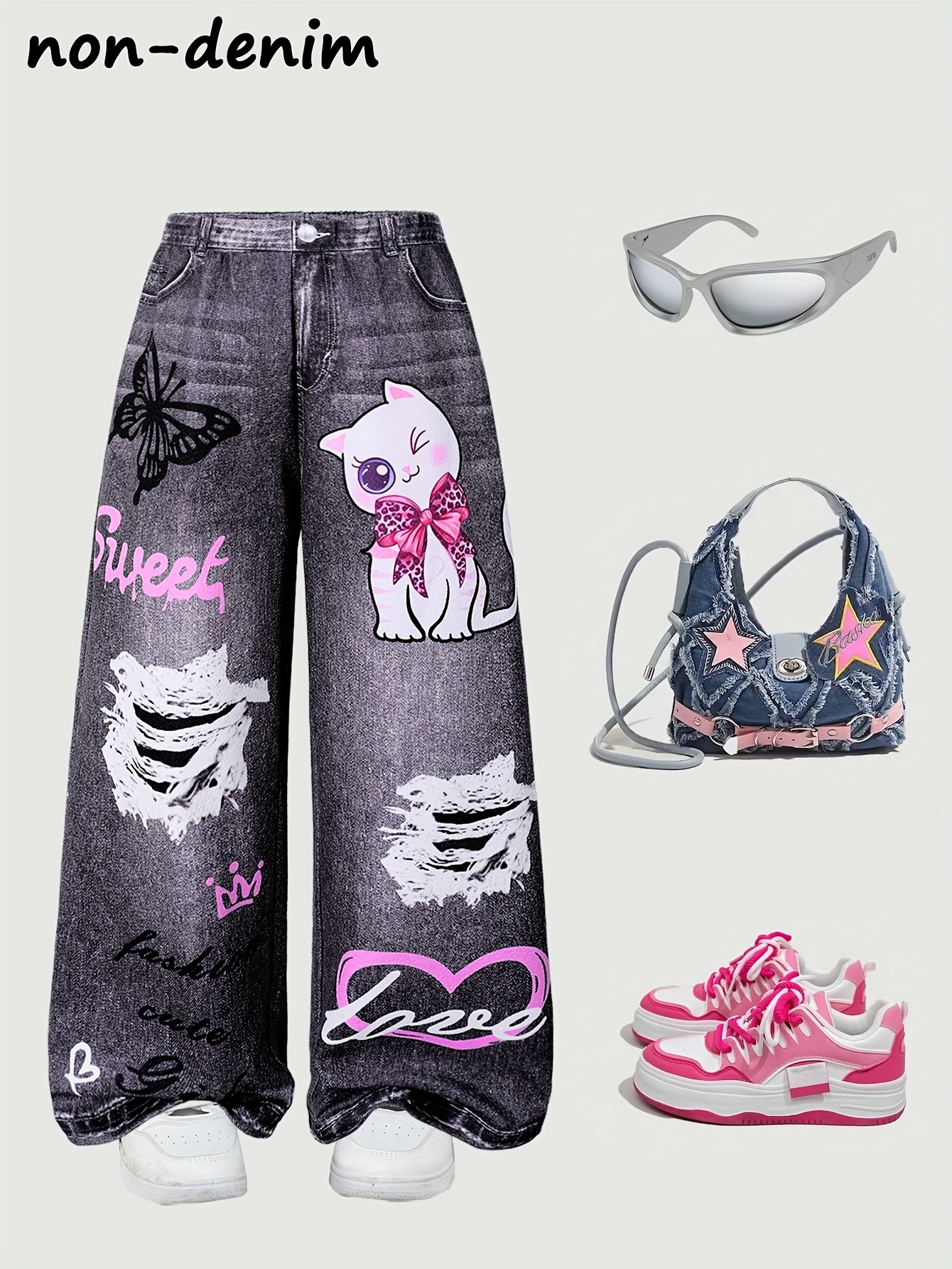 Girls' Long Pants Imitation Denim with Slight Stretch, Flared Jeans Fashionable Cartoon Cat Letter Heart Pattern Classic Soft Comfortable Outerwear for Girls Festival Carnival Party Gift, Perfect for Outdoor
