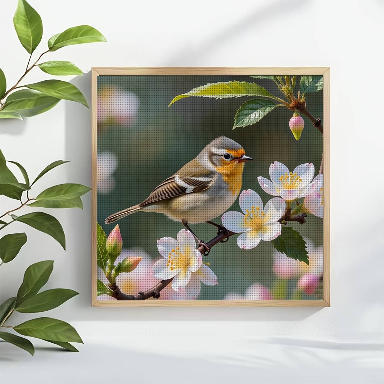 DIY Cross Stitch Print Kit, Bird Perched on Flower Branch