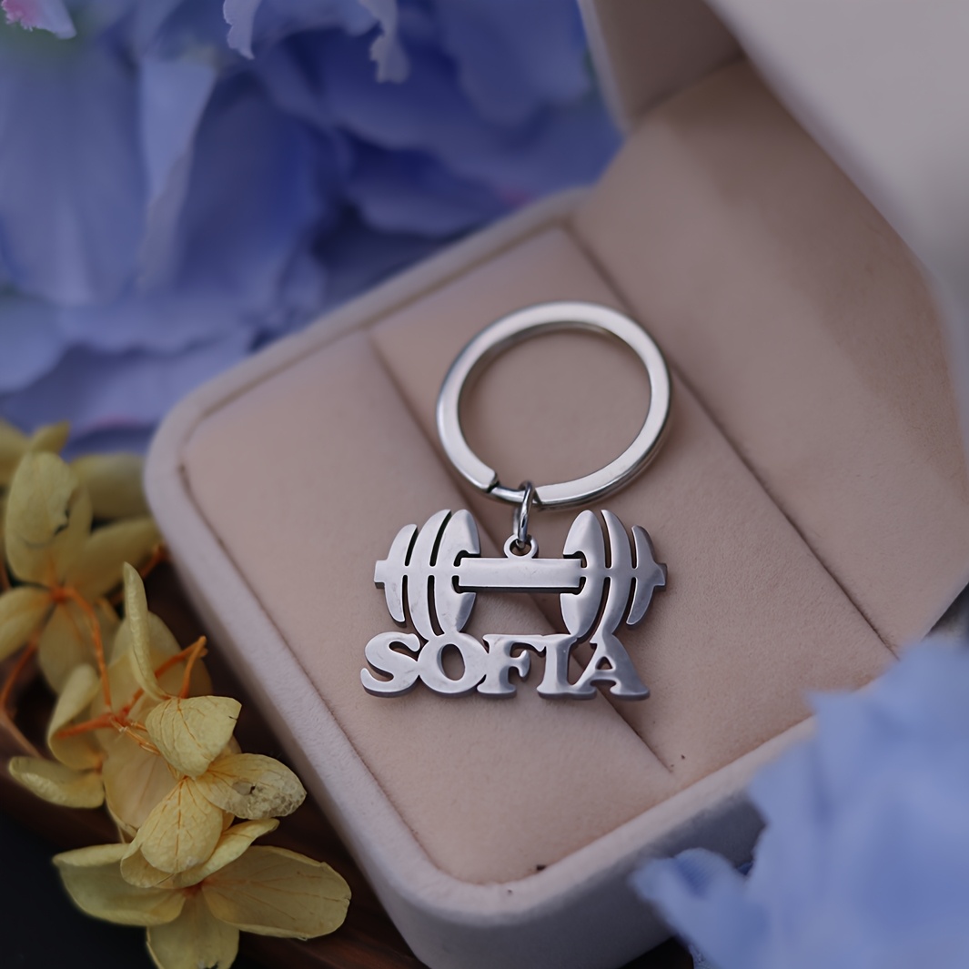 TEMU Custom Fitness Dumbbell Keychain, Unisex Stainless Steel Sports Barbell Dumbbell Key Ring, Personalized Name Fitness Keyring Gift