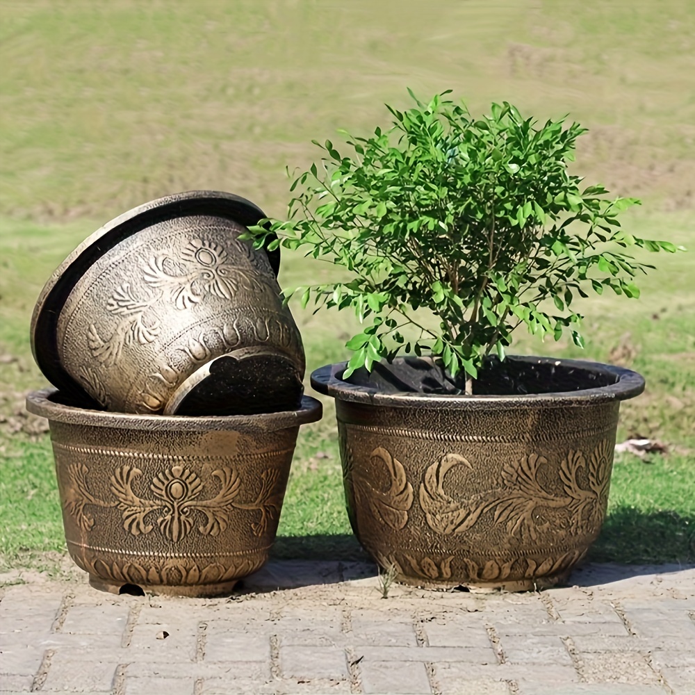 

Classic Round Resin Plant Pots, 12l & 18l Bronze-tone Ornamental Containers For Garden Beds, Patio Potting - Rust Resistant, With Plant Stand For Indoor, Living Room, & Balcony - Includes Tray