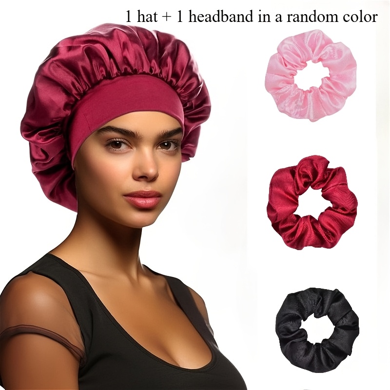 TEMU 2pcs Set, 2026 Model, Women's Hats, Shower Caps, Women' Caps, With Random Color Hair Ties, Soft And Elastic, Satin Hats, Night Sleeping Caps,