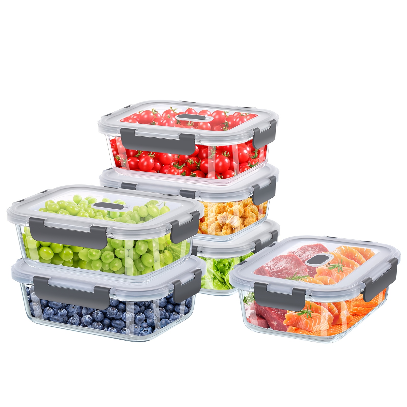 Image of 6 Grey Glass Containers With Lids, 1040ml Capacity, For Food Storage, Suitable For Refrigerator, Oven And Dishwasher